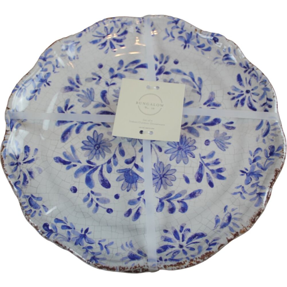 Bungalow No 10 Blue Flower Rustic 11" Dinner Plate Set 4 Scallop Melamine NWT